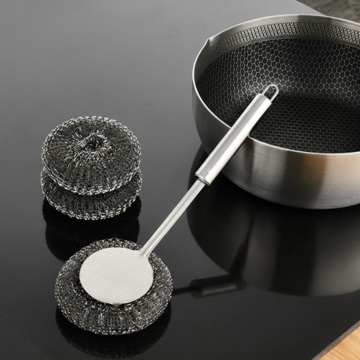 Stainless Steel Utensils Scrubber + Handle 28cm By Tafeer  - delivered by Taw9eel Fast