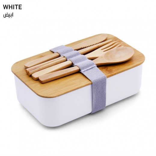 Stylish Lunch Box with Wooden Utensils - White
