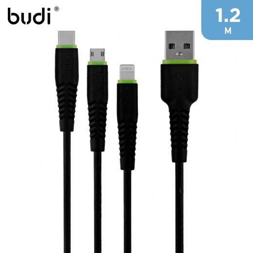 3 in 1 Charging Cable Black 1.2 m By Budi - delivered by Taw9eel Fast