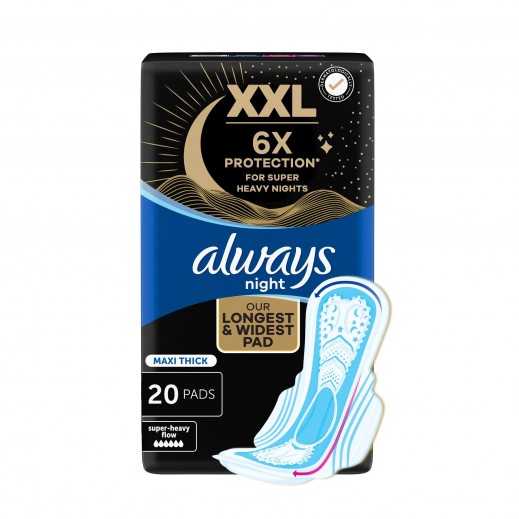 Always XXL Night Pads 6x Super Heavy Flow Maxi Thick 20 Sanitary Pads - delivered by Taw9eel Fast