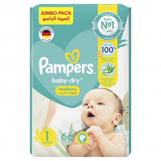 Pampers Baby-Dry Newborn Diapers with Aloe Vera Lotion, Size 1, 2-5 kg - Jumbo Pack 66 Diapers - delivered by Taw9eel Fast