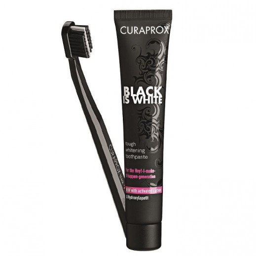 Curaprox Black Is White Tough Whitening Toothpaste 90 ml With Toothbrush - delivered by Taw9eel Fast