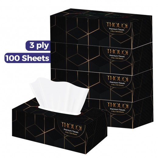 Thouqi Premium Soft Facial Tissue 3 Ply x 100 Sheets - 5 Pieces - delivered by Taw9eel Fast