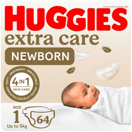 Huggies Extra Care Newborn Size 1 (Up to 5 kg ) 64 Diapers - delivered by Taw9eel Fast