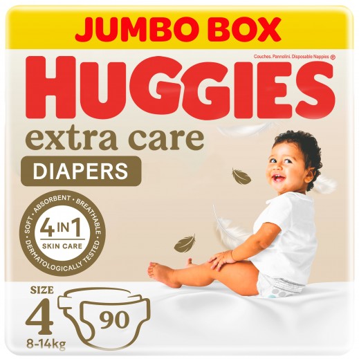 Huggies Extra Care Size 4 (8-14 kg) Jumbo Box 90 Diapers - delivered by Taw9eel Fast