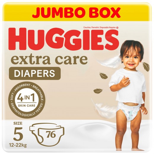 Huggies Extra Care Size 5 (12 -22 kg) Jumbo Box 76 Diapers - delivered by Taw9eel Fast