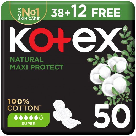 Kotex Natural Maxi 100% Cotton Pad Super 50 Pads