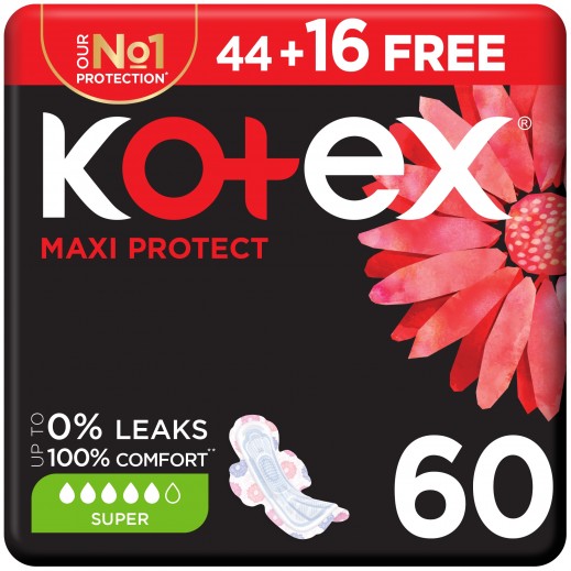 Kotex Maxi Thick Super Pads 44 + 16  Free Pieces - delivered by Taw9eel Fast