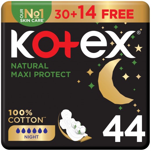 Kotex Natural Maxi 100% Cotton Pad Overnight 44 Pads - delivered by Taw9eel Fast