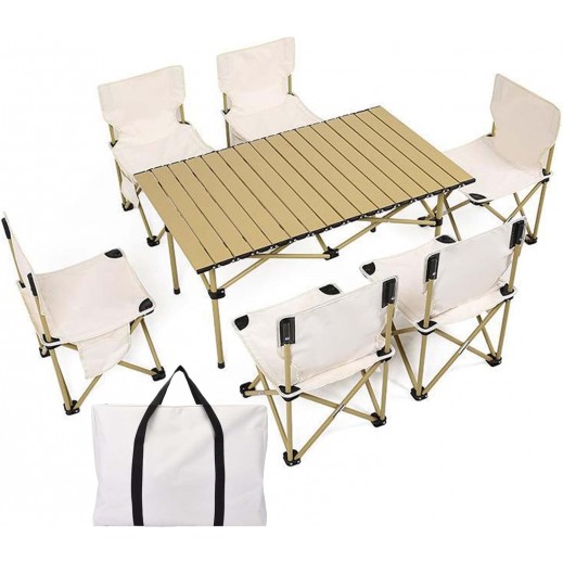 Portable folding table and 6pcs chairs set - delivered by Taw9eel Fast
