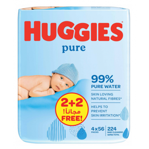 Huggies Pure Baby Wipes 99% Pure Water 4×56 Wipes - delivered by Taw9eel Fast