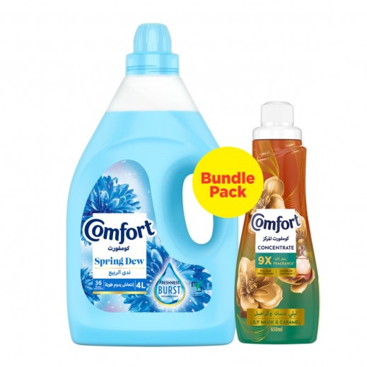 Comfort Spring Dew Fabric Softener 4L + Lily Musk & Caramel Fabric Softener 650ml