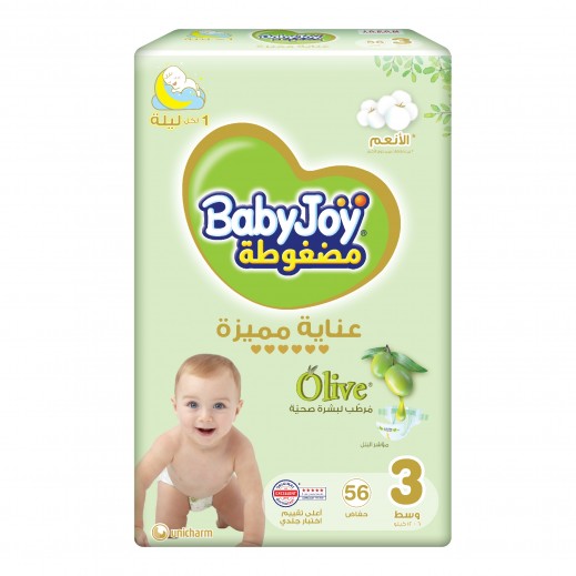 BabyJoy Olive Oil Diapers Medium 3 (6 - 12 kg ) 56 Diapers - delivered by Taw9eel Fast