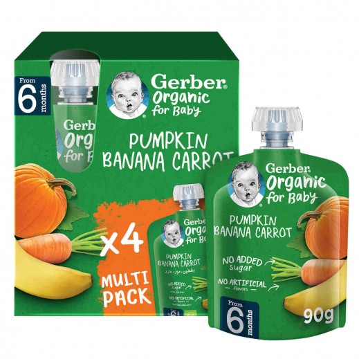 Gerber Baby Organic Pumpkin Banana & Carrot Puree Pouch 4 x 90 g (6+ Months)