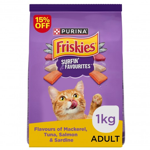 Purina Friskies Surfin Favourites Dry Cat Food 1 kg - delivered by Taw9eel Fast