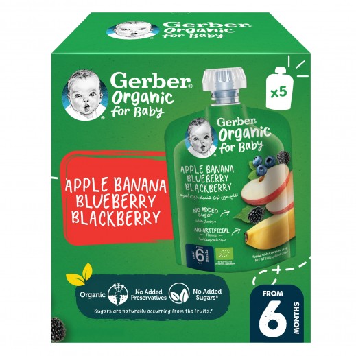Gerber Organic Apple Banana Blueberry Blackberry Puree Baby Food 5 x 90g From 6 Months