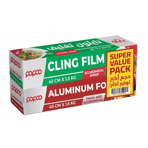 Papco Aluminum Foil 45cm x 1.5 kg + Cling Film 45cm x 1.5 kg Free