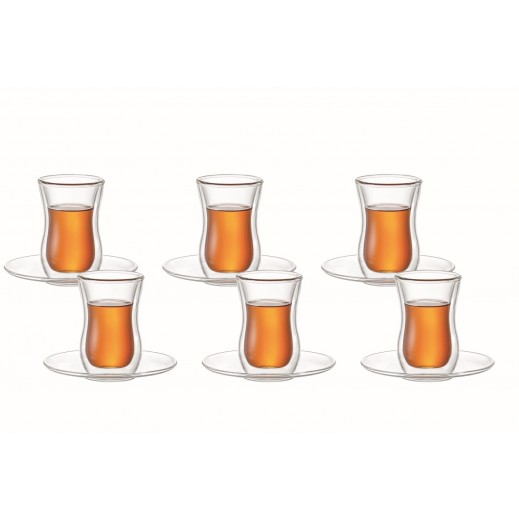 Aramoro Double Wall Glass Tea Cup Set 100 ml - 12 Pieces