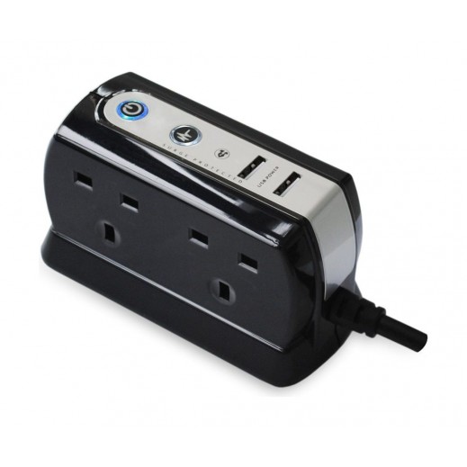 Masterplug Surge Protected Extension Lead 4 Type G Sockets + 2 USB 2m - Black