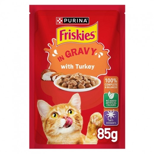 Purina Friskies Turkey Chunks in Gravy Wet Cat Food Pouch 85 g - delivered by Taw9eel Fast