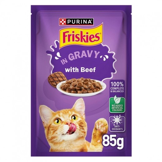 Purina Friskies Beef Chunks in Gravy Wet Cat Food Pouch 85 g - delivered by Taw9eel Fast
