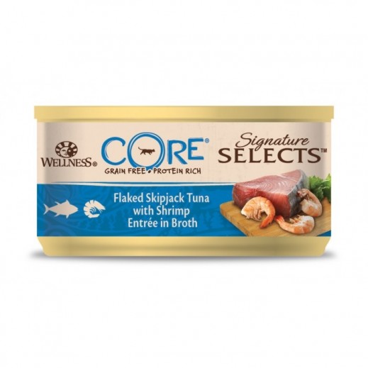 Wellness Core Signature Selects Flaked Skipjack Tuna with Shrimp Entree in Broth for Cat 79 g