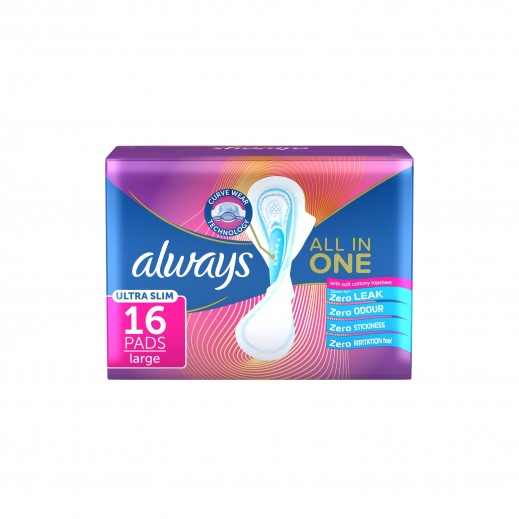 Always Pads Ultra Slim All in One CurveWear Normal with Wings, 16 Sanitary Pads