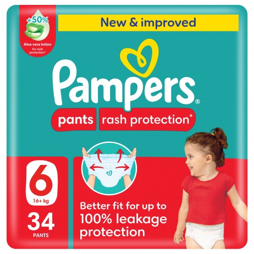 Pampers Rash Protection Baby Pants 34 Diapers Size 6 (16+ Kg) - delivered by Taw9eel Fast