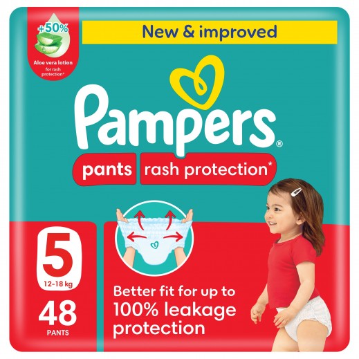 Pampers Rash Protection Pants Diapers, Size 5, 12-18kg, +50% Aloe Vera Lotion,  Mega Pack, 48 Count   - delivered by Taw9eel Fast