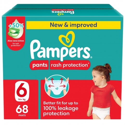 Pampers Rash Protection Pants Diapers, Size 6, 16-21kg, +50% Aloe Vera Lotion, Giant Box, 68 Count   - delivered by Taw9eel Fast