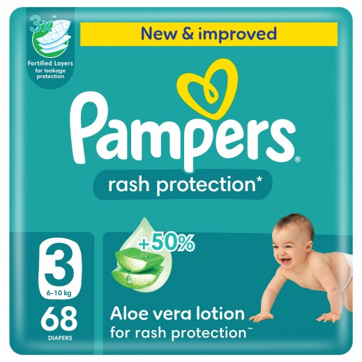 Pampers Rash Protection Taped Diapers, Size 3, 6-10kg, +50% Aloe Vera Lotion for Rash  Protection, Mega Pack, 68 Count   - delivered by Taw9eel Fast
