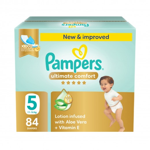 Pampers Ultimate Comfort Taped Diapers, Size 5, 11-16kg Giant Saving Box, 84 Count   - delivered by Taw9eel Fast