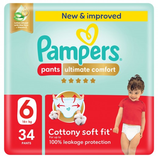 Pampers Baby Ultimate Comfort Pants Diapers Size 6 From 16+ Kg - 34 Pants  - delivered by Taw9eel Fast