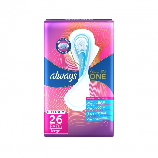 Always Pads Ultra Slim All in One CurveWear Normal with Wings, 26 Sanitary Pads