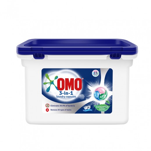 OMO 3-in-1 Laundry Capsules Eucalyptus Stain Removal Detergent 15 Pods - delivered by Taw9eel Fast