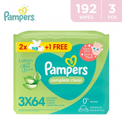 Pampers Complete Clean Aloe Vera 64 Baby Wipes (3 Packs) - delivered by Taw9eel Fast