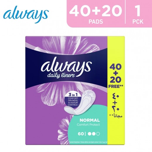 Always Daily Liners Comfort Protect Normal 40 + 20 Pads Free - delivered by Taw9eel Fast