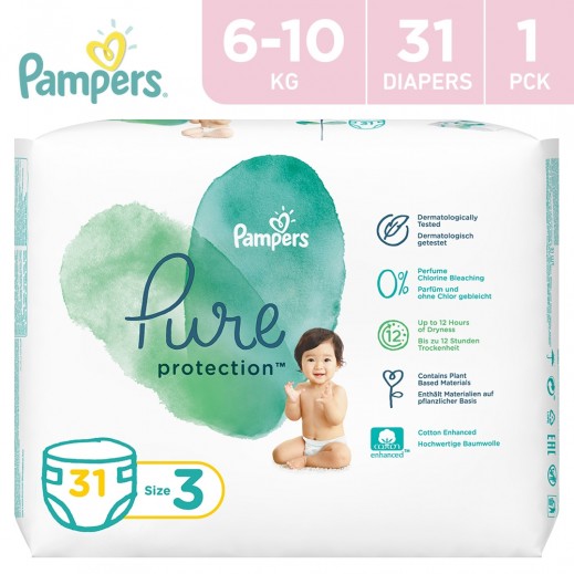 Pampers Pure Protection Diapers Size 3 (6-10kg) 31 Diapers - delivered by Taw9eel Fast