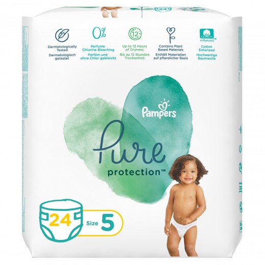 Pampers Pure Protection Diapers Size 5 (+11kg) 24 Diapers - delivered by Taw9eel Fast