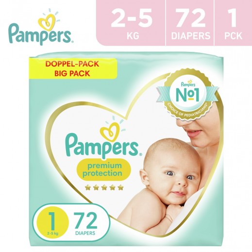 Pampers Premium Protection Size 1 / 2-5 kg Jumbo Pack (72 Diapers) - delivered by Taw9eel Fast