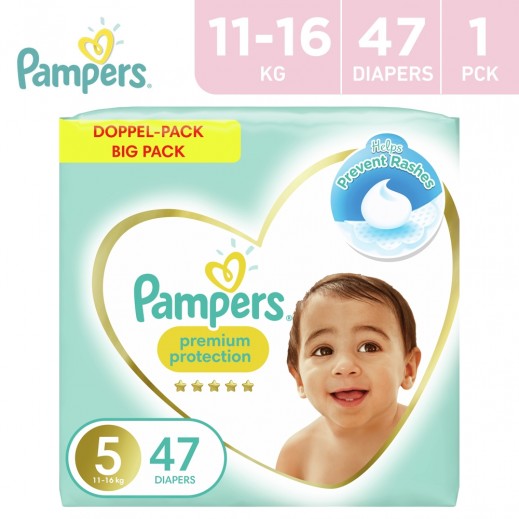 Pampers Premium Protection Size 5 (11-16 kg ) Jumbo Pack (47 Diapers) - delivered by Taw9eel Fast