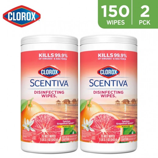 Clorox Scentiva Tahitian Grapefruit Splash Scented Disinfecting Wipes - 2 x 75 Wet Wipes  - delivered by Taw9eel Fast