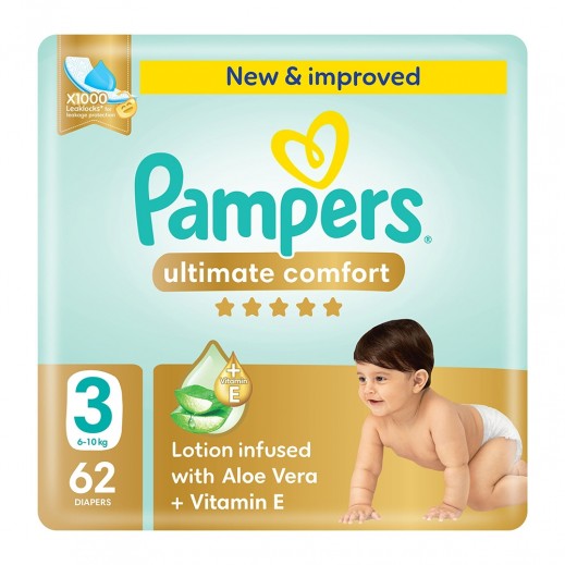 Pampers Ultimate Comfort Taped Diapers, Size 3, 6-10kg, Lotion infused with Aloe Vera and Vitamin E, x1000 Leak Locks Technology for Leakage Protection, Mega Pack, 62 Count   - delivered by Taw9eel Fast