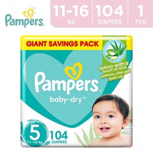Pampers Baby-Dry Aloe Vera 104 Diapers Size 5 (11-16 kg) - delivered by Taw9eel Fast
