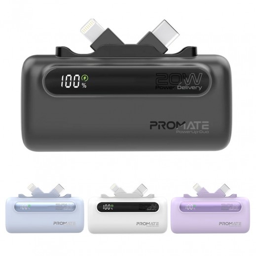 Promate 5000mAh Power Bank with Dual Folding Type-C & Lightning Connector