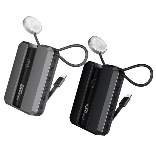 Promate10000mAh Power Bank 30W With Built in USB-C Cable & Apple Watch Charger