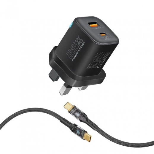 Promate 25W Dual Port Adapter Combo With 60W USB-C Cable