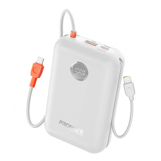 Promate 30000mAh Fast Charging Power Bank 35W with Built-In USB-C & Lightning Cables