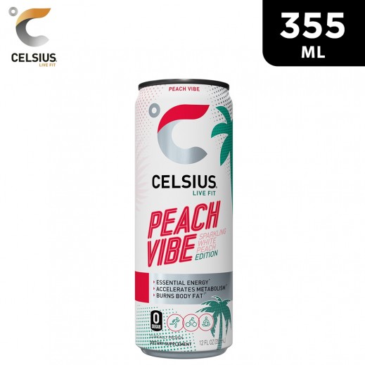 Celsius Gluten Free No Sugar Peach Vibe Sparkling Drink Can 355 ml - delivered by Taw9eel Fast