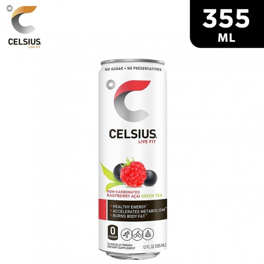 Celsius Gluten Free No Sugar Raspberry Acai Green Tea Drink Can 355 ml - delivered by Taw9eel Fast